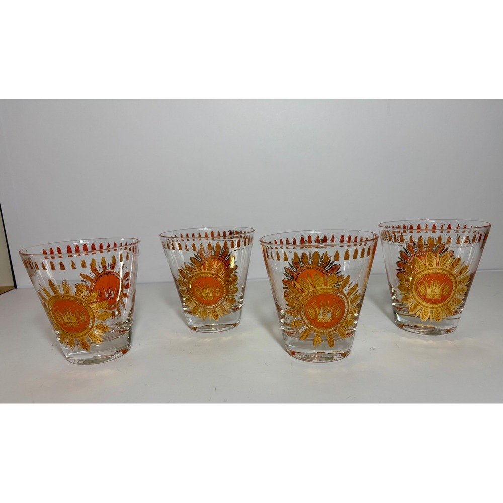 Georges Briard Persian Crown Rocks Glasses Set of 4 Vintage MCM Gold Orange